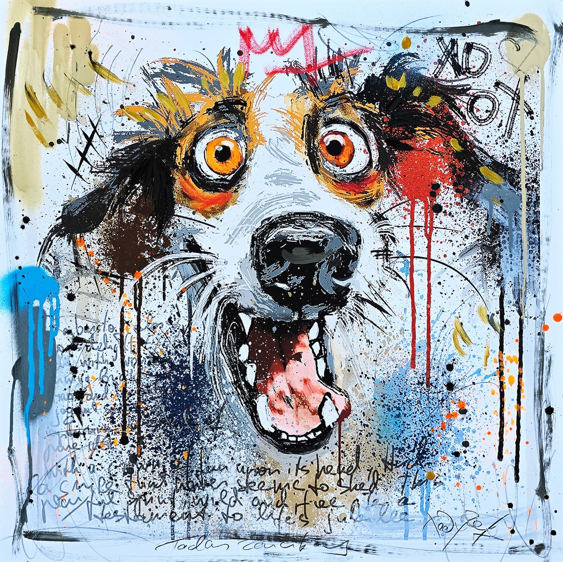 Unleashed Joy – 24"x24" – TedyZet – Original mixed media painting on paper: Original mixed media painting on paper by TedyZet (Tadas Zaicikas), 24 × 24 inches, part of the artist’s expressive narrative abstraction series featuring bold animal imagery, raw gesture, layered