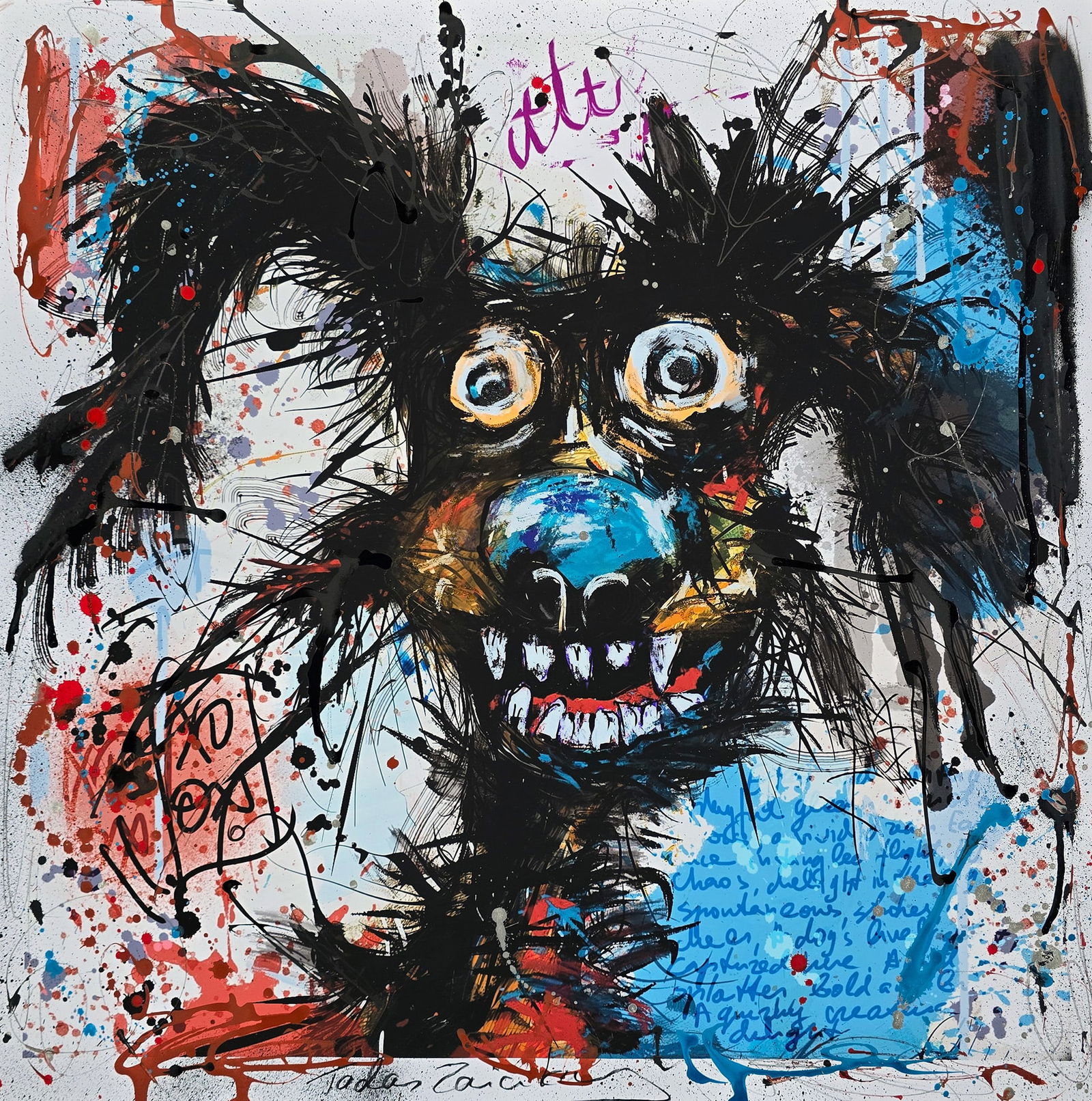 Whimsical Whirlwind – 24"x24" – TedyZet – Original mixed media painting on paper: Original mixed media painting on paper by TedyZet (Tadas Zaicikas), 24 × 24 inches, part of the artist’s expressive narrative abstraction series featuring bold animal imagery, raw gesture, layered