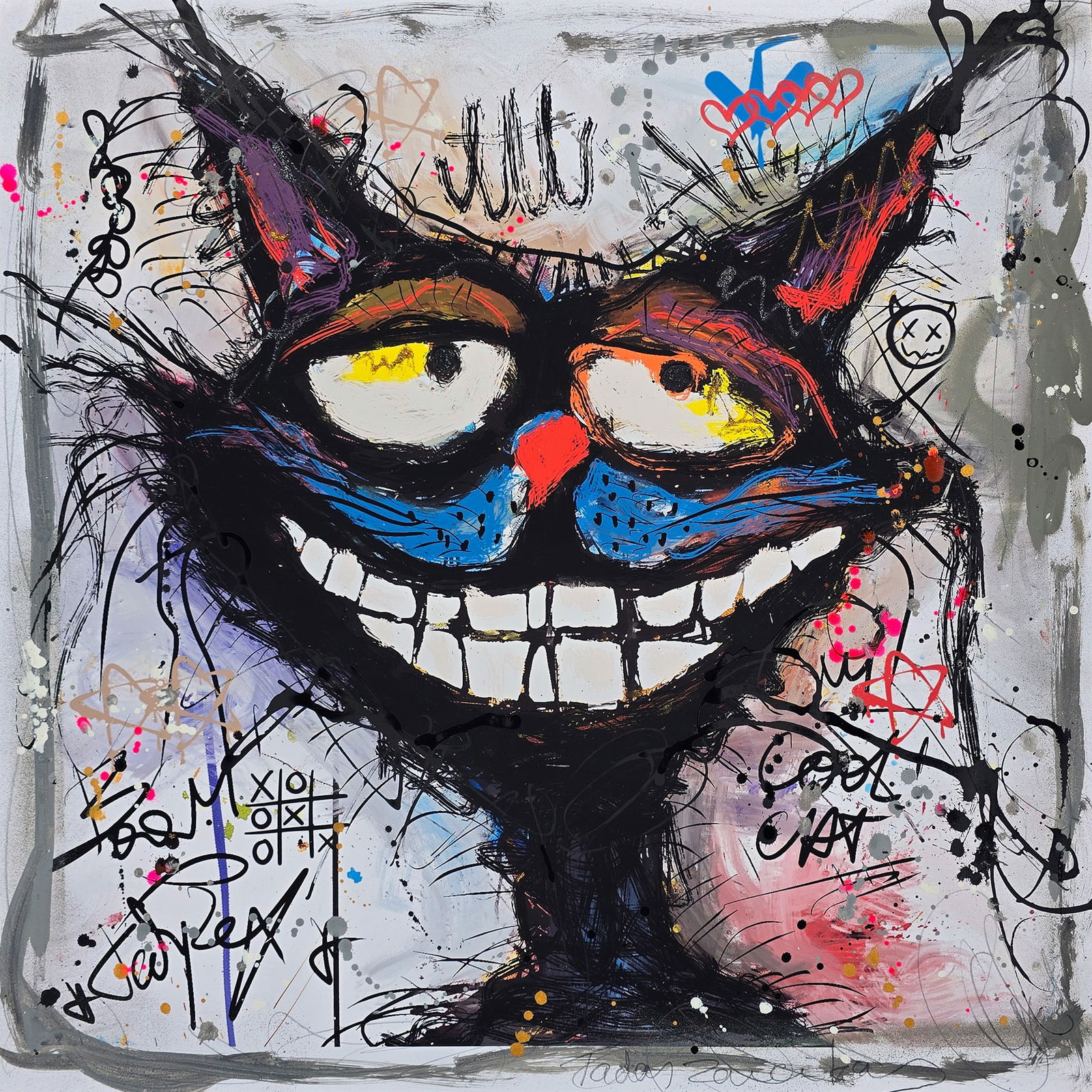 Wild Cat’s Smile – 24"x24" – TedyZet – Original mixed media painting on paper: Original mixed media painting on paper by TedyZet (Tadas Zaicikas), 24 × 24 inches, part of the artist’s expressive narrative abstraction series featuring bold animal imagery, raw gesture, layered