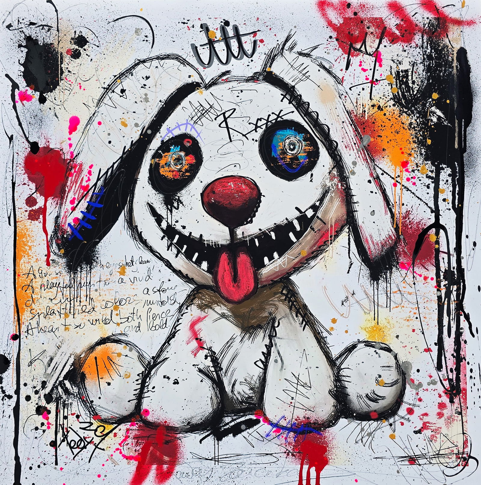 Wild Pup’s Charm – 24"x24" – TedyZet – Original mixed media painting on paper: Original mixed media painting on paper by TedyZet (Tadas Zaicikas), 24 × 24 inches, part of the artist’s expressive narrative abstraction series featuring bold animal imagery, raw gesture, layered