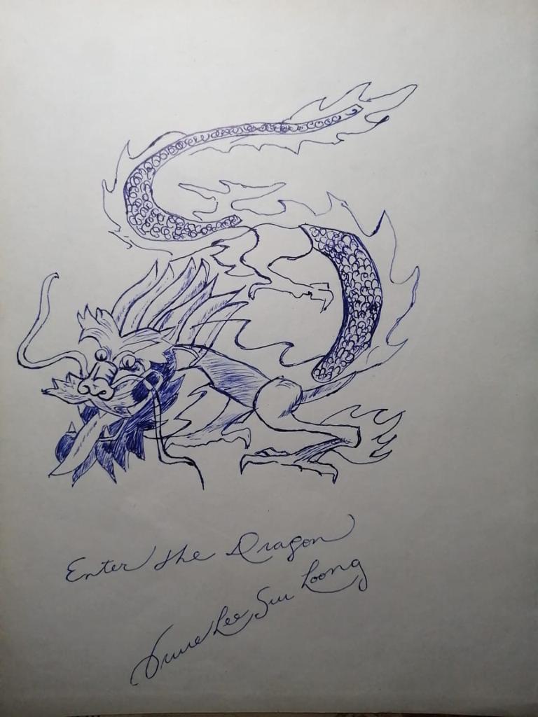 In the style of BRUCE LEE (1940-1973) - "ENTER THE DRAGON" - Pen on Paper Drawing in Blue Ink (1 of 5)