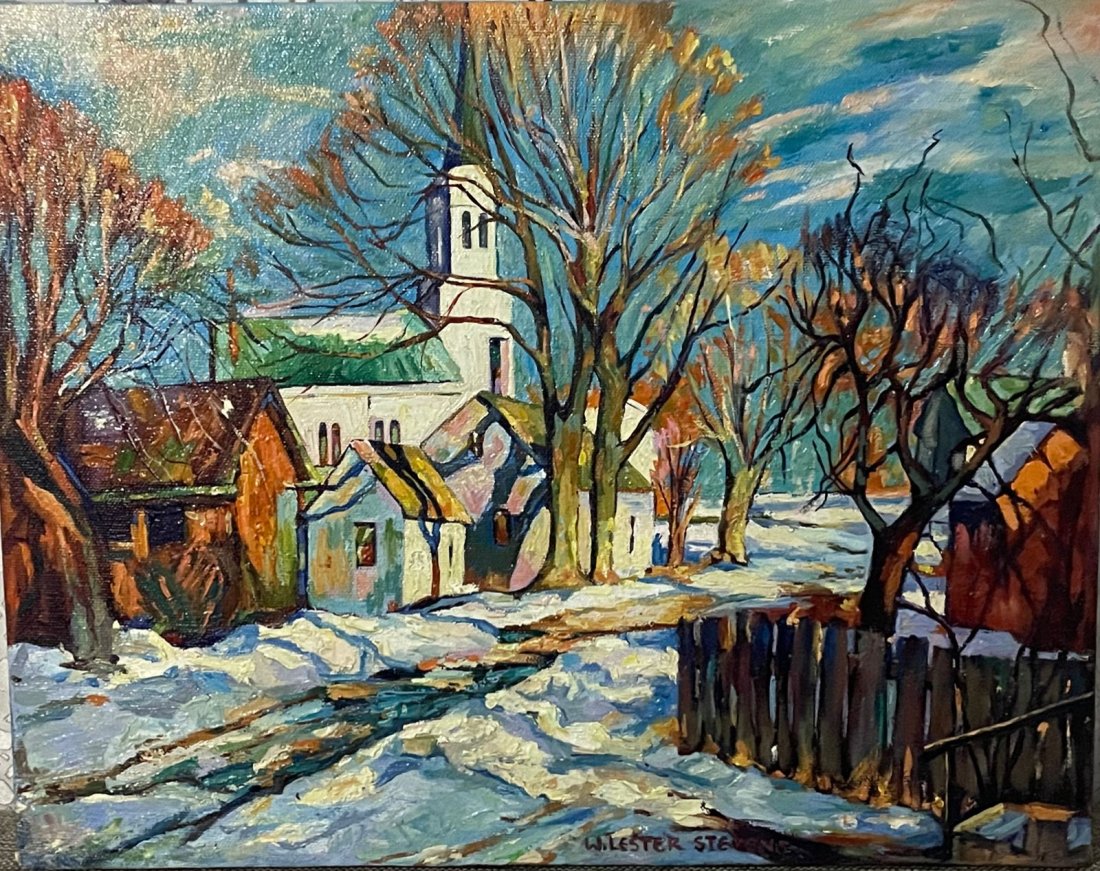 In the style of WILLIAM LESTER STEVENS - "VILLAGE IN THE WINTER" - Painting - Oil on Canvas (1 of 9)