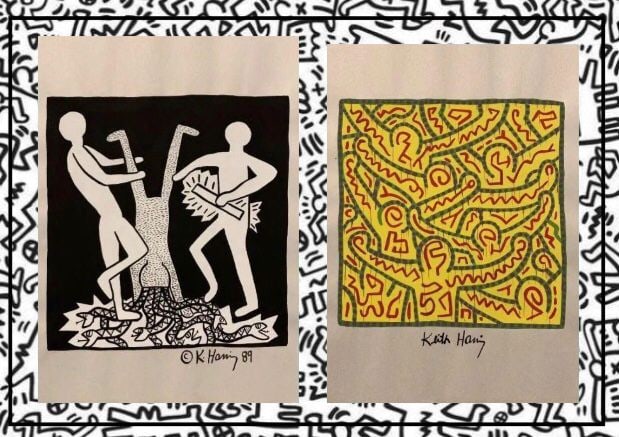 KEITH HARING - 2 WATERCOLORS ON PAPER - IN THE STYLE OF: Set of 2 WATERCOLORS on paper, drawing on handmade paper in the manner/style of Keith Harings. Our definition of “In the manner/style of”: The auction house believes that the work is done in t