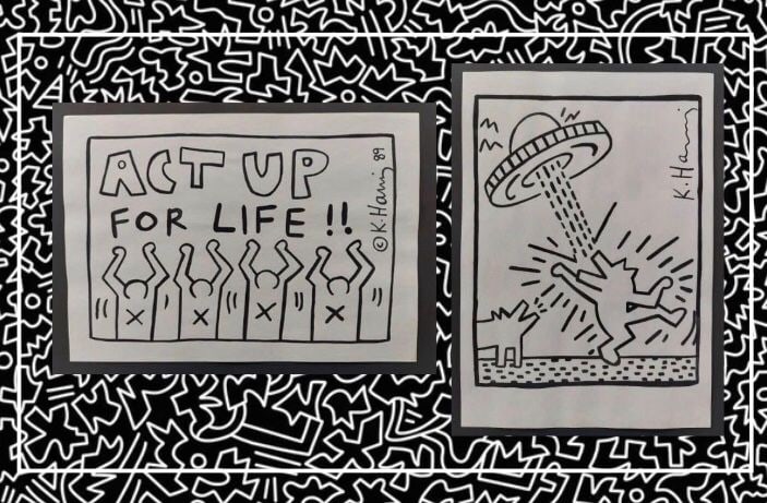 KEITH HARING - 2 WATERCOLORS ON PAPER - IN THE STYLE OF: Set of 2 WATERCOLORS on paper, drawing on handmade paper in the manner/style of Keith Harings. Our definition of “In the manner/style of”: The auction house believes that the work is done in t