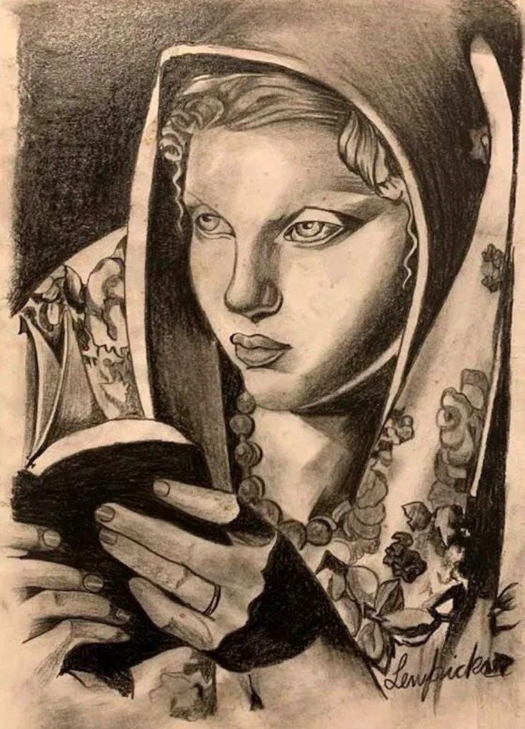 TAMARA DE LEMPICKA - WOMAN WITH A BOOK - CHARCOAL ON PAPER - IN THE STYLE OF: Charcoal on paper in the manner/style of Tamara de Lemepicka. Our definition of “In the manner/style of”: The auction house believes that the work is done in the manner or style of the named a