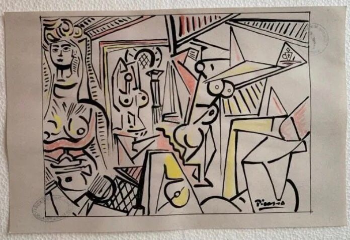 PABLO PICASSO - MIXED MEDIA ON PAPER - IN THE STYLE OF: Drawing Mixed Media on Paper - Ink & Colored on paper in the manner/style of Pablo Picasso. Our definition of “In the manner/style of”: The auction house believes that the work is done in the 