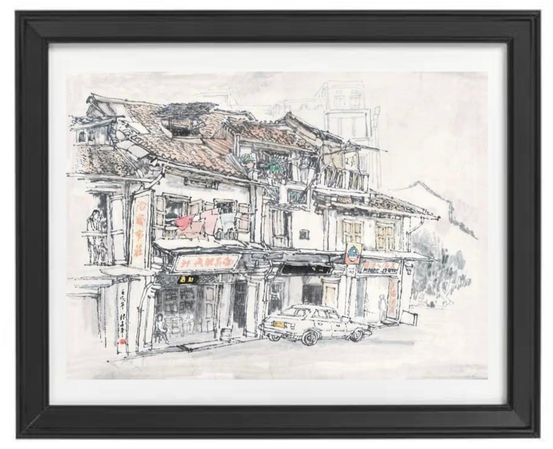 LIM TZE PENG - STREET SCENES NEAR CHINATOWN - DRAWING ON PAPER - IN THE STYLE OF: Ink & Colour Drawing on Paper in the manner/style of Lim Tze Peng. Our definition of “In the manner/style of”: The auction house believes that the work is done in the manner or style of the na