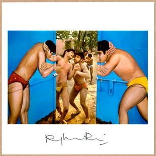 SIGNED - RAGHU RAI - WRESTLERS, DELHI, INDIA, 1988 - 6" x 6" MAGNUM ARCHIVAL PRINT.: Description: 6"x 6" limited edition Fuji Crystal Archival Matte paper print. Image size is 5.5" on the longest side and the paper size is 6" x 6". The Print is SIGNED by Raghu Rai on the verso.Conditi