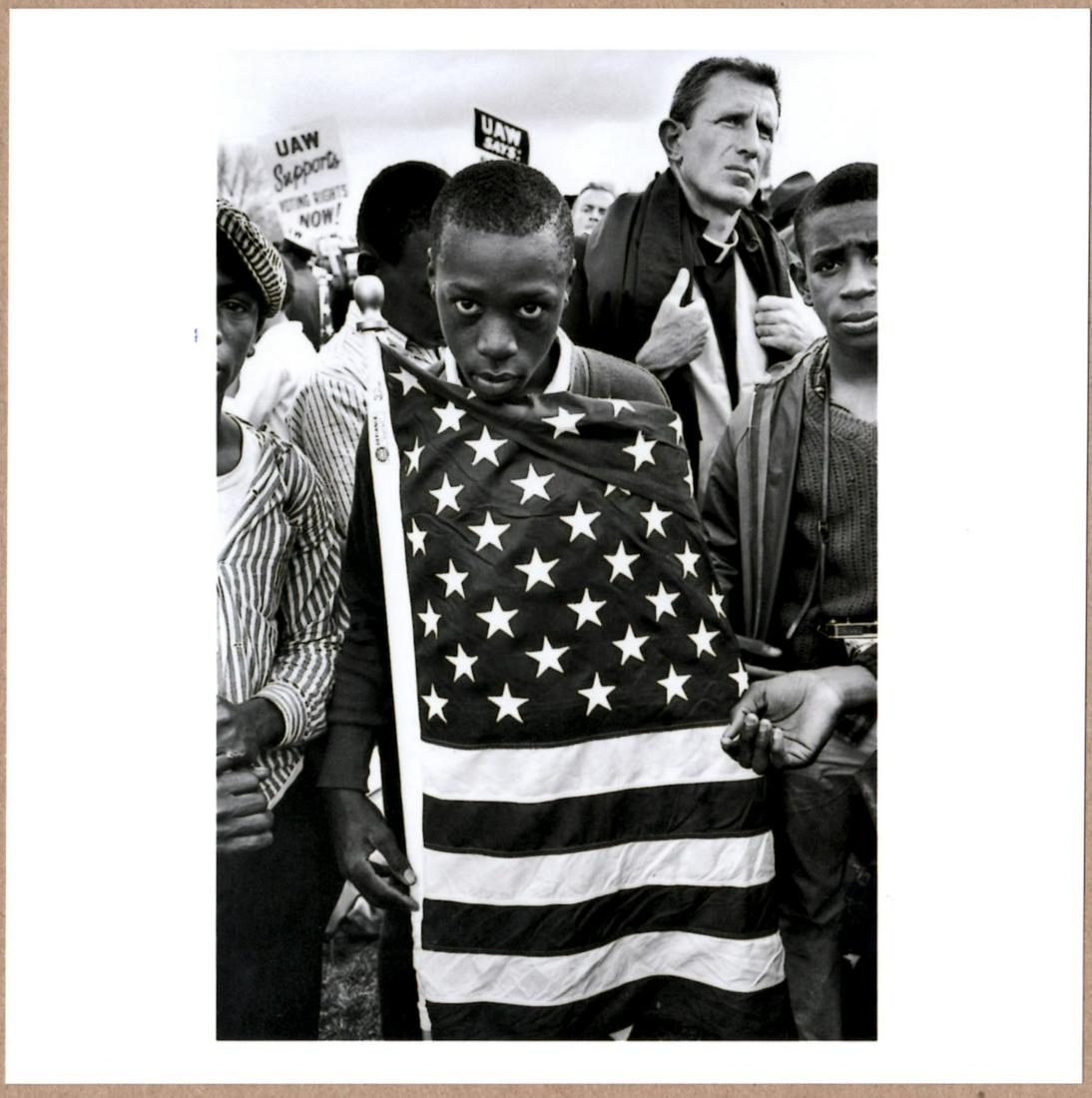 SIGNED BRUCE DAVIDSON AMERICAN FLAG, CIVIL RIGHTS MARCH FROM SELMA TO MONTGOMERY ALABAMA, 1965 6" x: Description: 6"x 6" limited edition Fuji Crystal Archival Matte paper print. Image size is 5.5" on the longest side and the paper size is 6" x 6". The Print is SIGNED by Bruce Davidson on the verso.Co