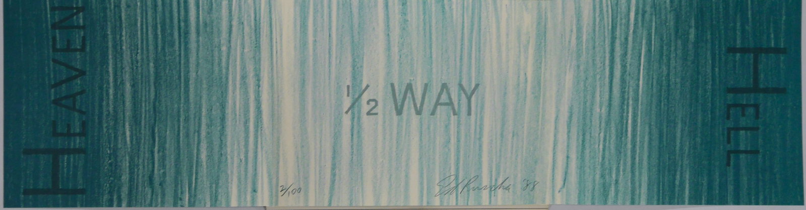 Ruscha, Ed; Hell 1/2 Way Heaven [29.5 x 7.75 inch 3-color lithograph]: Parkett-Verlag AG, Zurich, 1988. Collaboration with Edward Ruscha, a lithograph Hell 1/2 Way Heaven, in 3 colors : blue green, opaque grey, and transparent grey . The lithograph is bound in to the Par