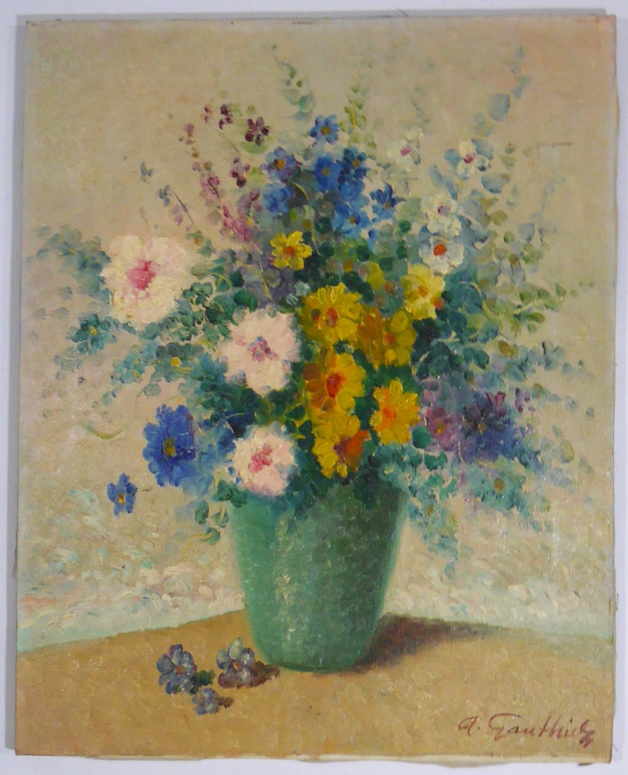 Gauthier, A. ; STILL LIFE FLORAL OIL PAINTING [SIGNED]: Mid-Centry French, Signed oil painting on canvas of floral Still Life. Signed in lower right corner, possibly reads ‘A. Gauthier.’ Artwork is linen lined. Measures approx 20 inches in height