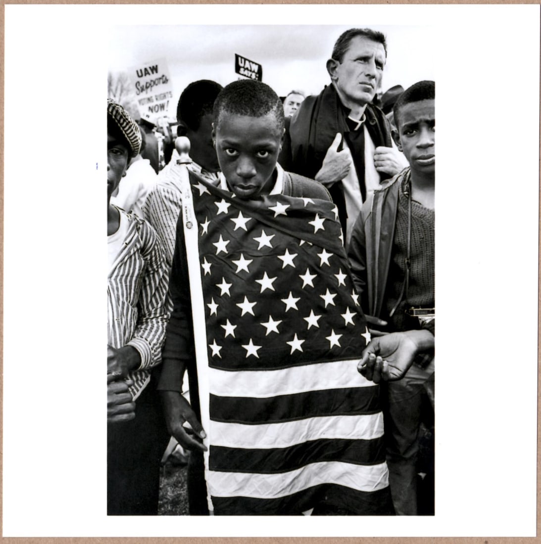 SIGNED BRUCE DAVIDSON AMERICAN FLAG, CIVIL RIGHTS MARCH FROM SELMA TO MONTGOMERY 6" x 6" PRINT: Description: 6"x 6" limited edition Fuji Crystal Archival Matte paper print. Image size is 5.5" on the longest side and the paper size is 6" x 6". The Print is SIGNED by Bruce Davidson on the verso.Co