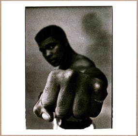 SIGNED - THOMAS HOEPKER - MUHAMMAD ALI, SHOWING OFF HIS LEFT FIST, 1966 - LTD 6" x 6" PHOTOGRAPH