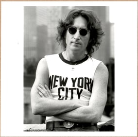 SIGNED - BOB GRUEN - JOHN LENNON, NEW YORK CITY T-SHIRT NYC 1974 6" x 6" PHOTOGRAPH