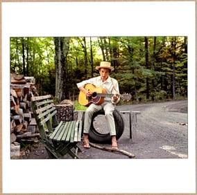 SIGNED - ELLIOTT LANDY - BOB DYLAN AT HIS HOME, BYRDCLIFFE, WOODSTOCK, NEW YORK 1968 6" x 6" PHOTO