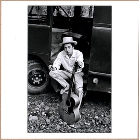 SIGNED - ELLIOTT LANDY - BOB DYLAN ON HIS EQUIPMENT TRUCK, WOODSTOCK, NEW YORK 1968 6" x 6" PHOTO