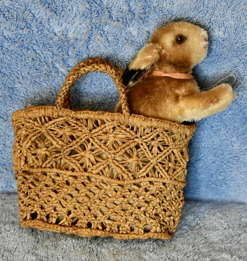 Woven Sea Grass tote (vintage Doll purse) with Steiff bunny. (1 of 2)