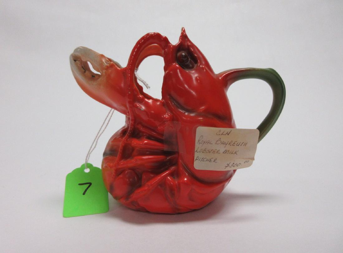 Royal Bayreuth Lobster Milk Pitcher Figural Antique: 4 3/4"h x 6"w x 2 3/4"d, blue mark, no chips or cracks, a few specks of missing color here and there