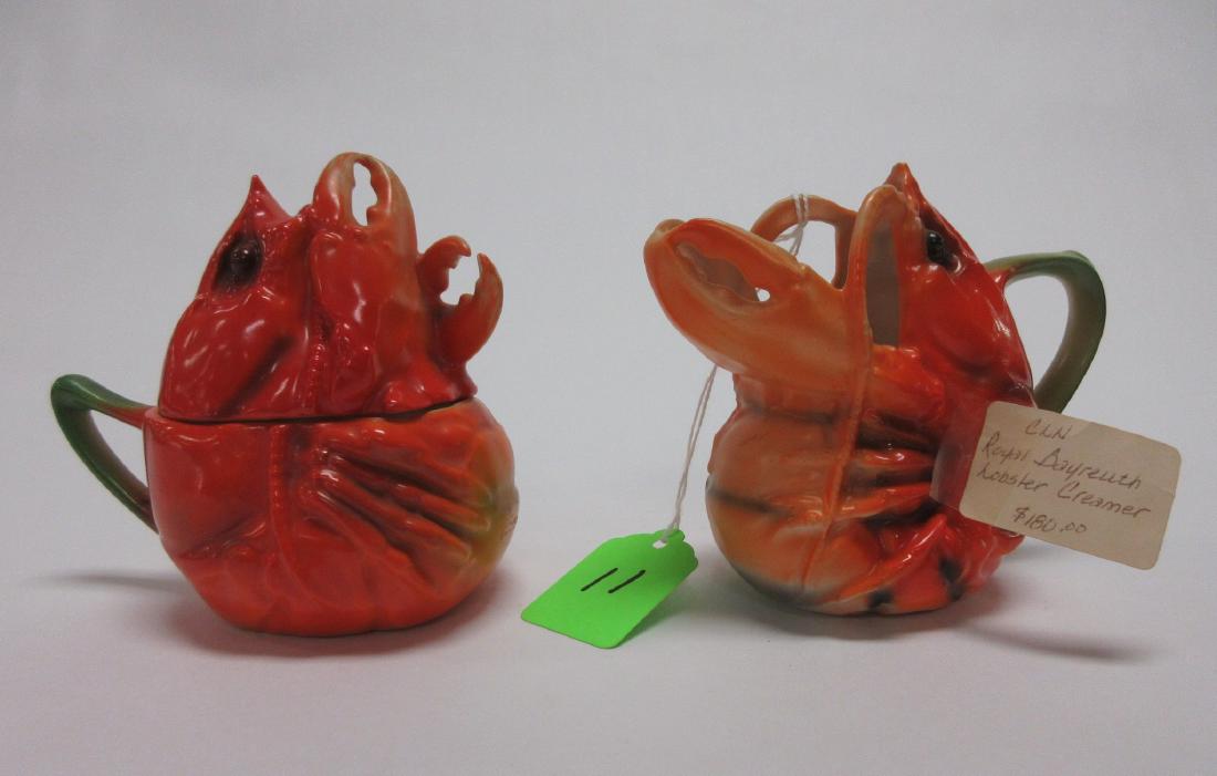 Royal Bayreuth Lobster Creamer & Sugar Bowl: creamer is 4"h x 5"w x 2 1/2"d with blue mark, sugar bowl is 4 1/4"h x 4 1/4"w x 2 1/2"d with dark green mark, there are no chips or cracks, a few specks of missing color here and there