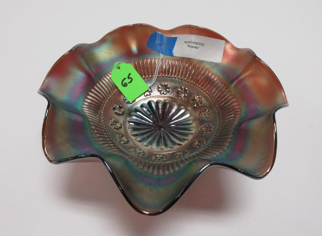 Northwood Rosette Amethyst Carnival Glass Bowl: 9"w x 3 1/2", marked n in circle, no chips or cracks, purple base glass with beautiful iridescent finish