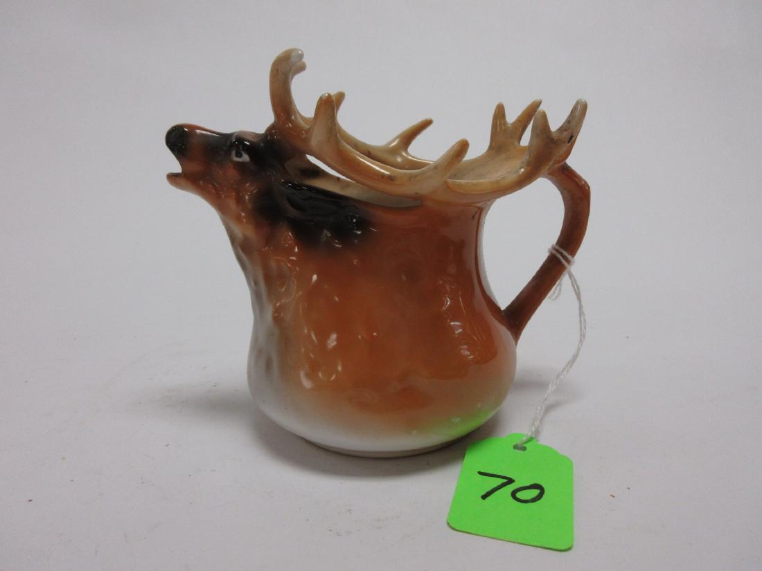 Royal Bayreuth Elk Deer Stag Cream Pitcher Creamer: 4 1/2"h x 5 1/4"w x 3 1/2"d, blue mark, no chips or cracks, a few small spots of missing color