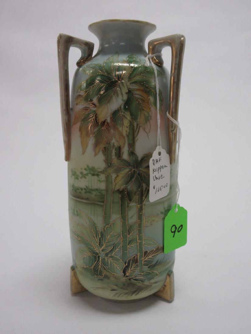 Hand Painted Nippon Porcelain Vase Art Deco: 9 3/4"h x 4"w porcelain vase, 3 handles, 2 feet, hand painted palm tree design, worn gold trim, no chips or cracks