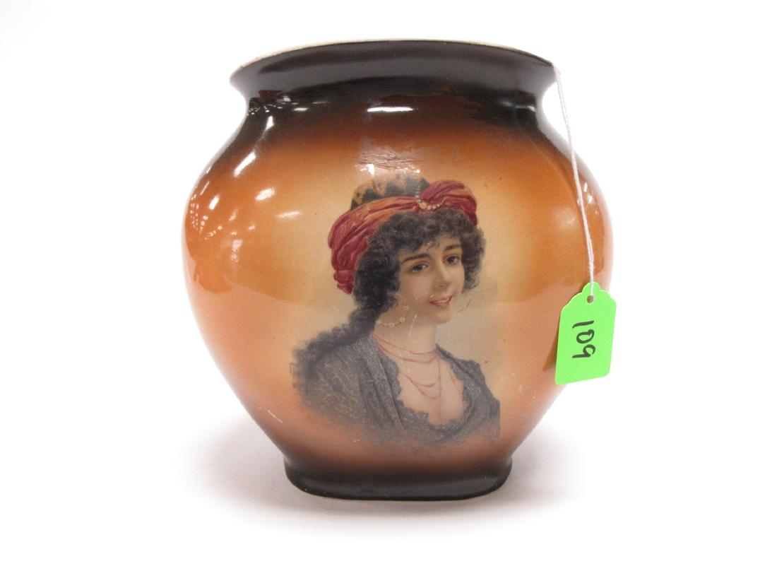 Victorian Warwick IOGA Gypsy Portrait Pillow Vase: 8"h x 8"w, portrait of lady with long flowing hair - Gypsy, no chips or cracks, a few small spots of missing color