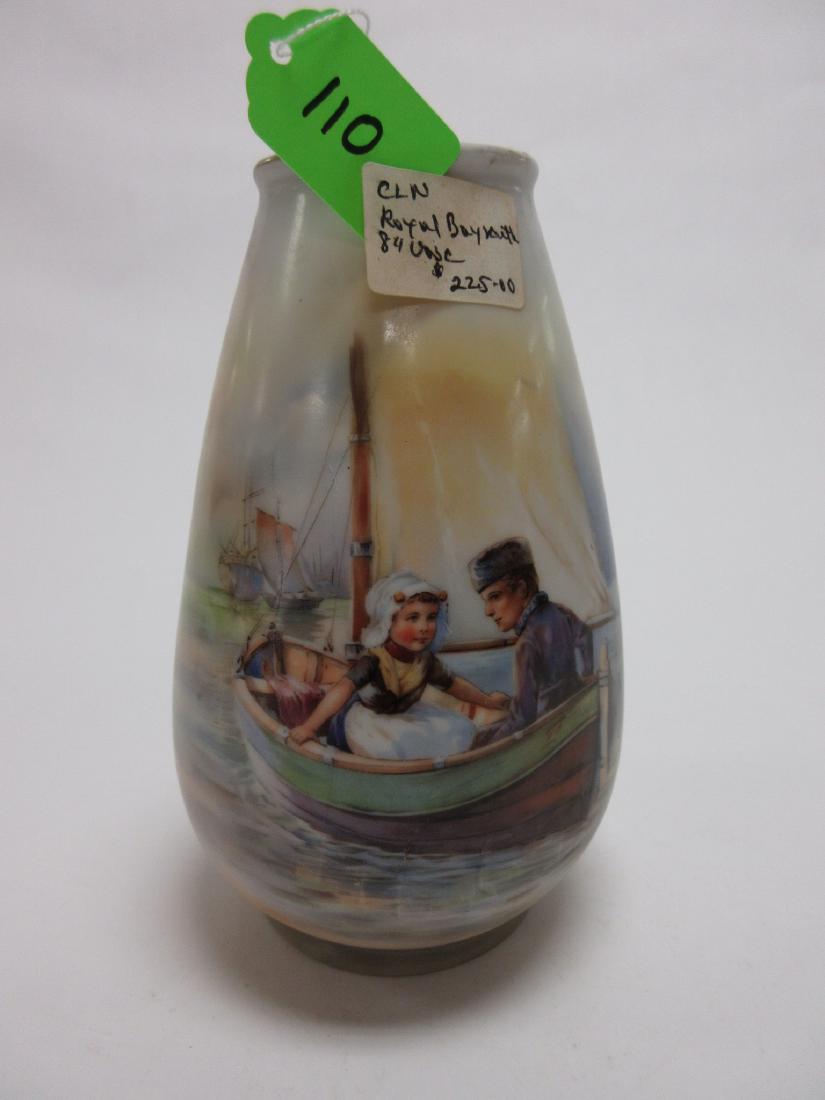 Royal Bayreuth 8" Hand Painted Scenic Boat Vase: 8"h x 5"w porcelain vase, hand painted scene with boy and girl in a sail boat, grey mark, no chips or cracks, worn gold trim