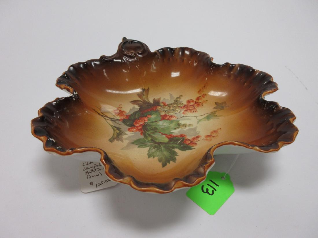 Homer Laughlin Art China Bowl Victorian Grapes: 2 1/2"h x 10"dia porcelain bowl, grape pattern, gold Laughlin Art China mark, no chips or cracks, glaze crazing & some small spots of missing color & glaze