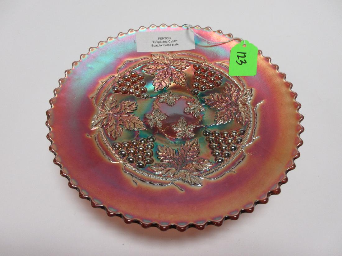 Antique Fenton Grape & Cable Amethyst Carnival Glass: 2 3/4"h x 9"w, 3 spatula footed plate or cake stand, Grape & Cable pattern, purple base glass with beautiful irridescent finish, unmarked