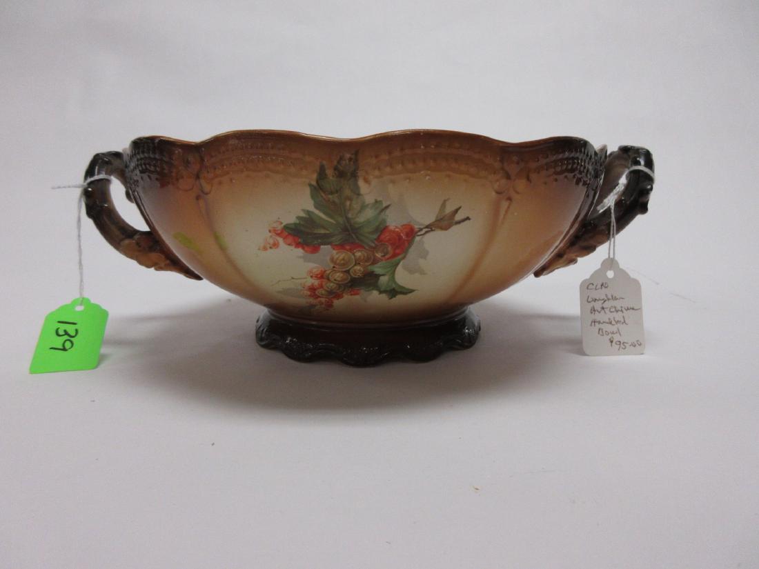Homer Laughlin Art China Center Bowl Victorian Grapes: 4"h x 12"dia porcelain bowl with handles, grape pattern, gold Laughlin Art China mark, no chips or cracks, small dark glaze imperfection on interior