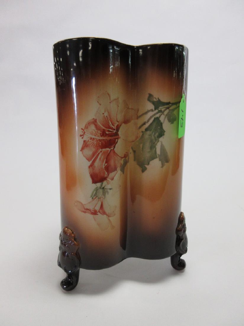 Antique Victorian Warwick China IOGA Cloverleaf Vase: 10 1/4"h x 6"w 3 footed cloverleaf vase, hibiscus flower design, no chips or cracks, glaze crazing to interior