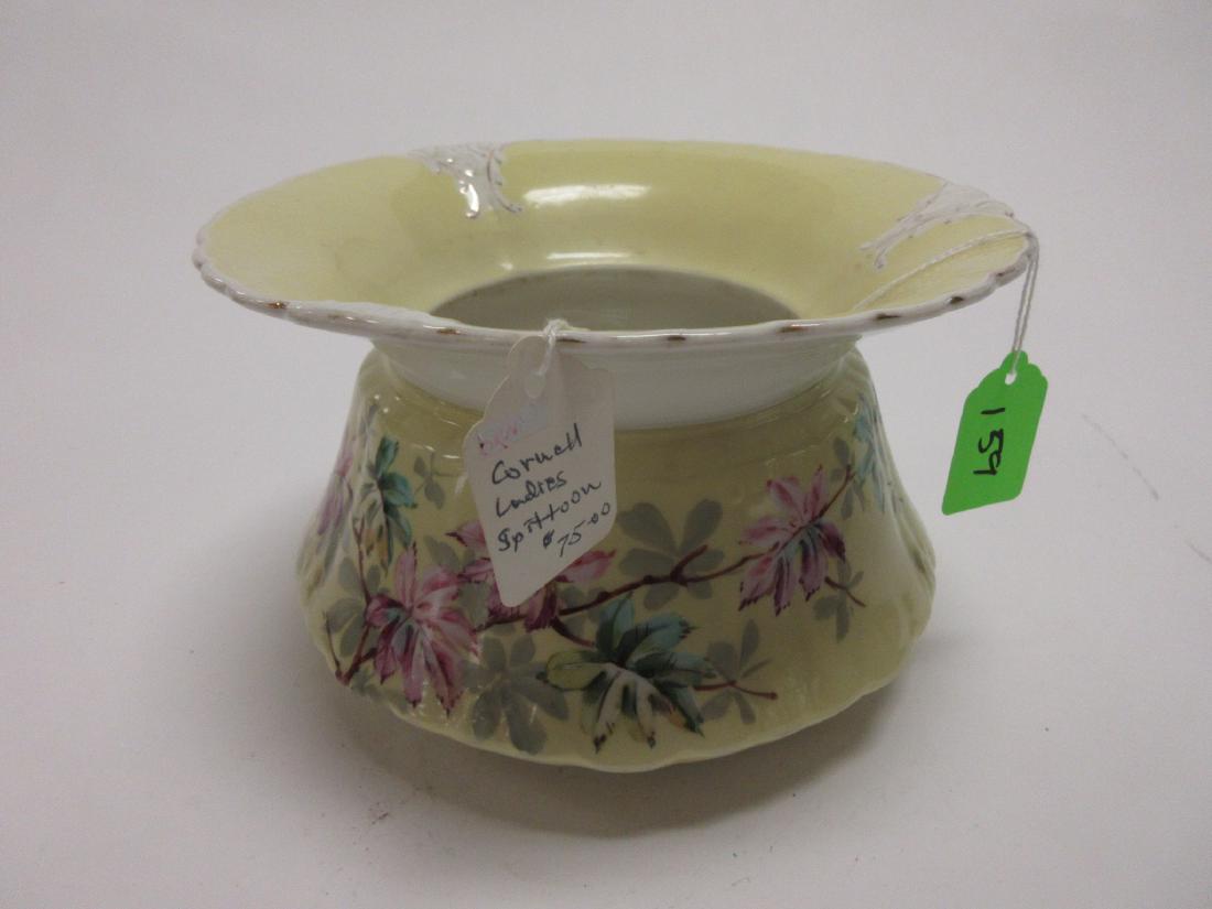Antique Victorian Porcelain Spittoon Cornell: 5"h x 8"w porcelain spitoon, hand painted pale yellow with purple & teal leaves, no chips or cracks, marked on base Cornell