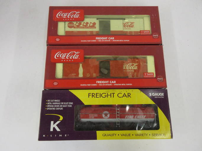 K Line S Gauge 3 Pc Texaco Tank, Coca Cola Boxcars
