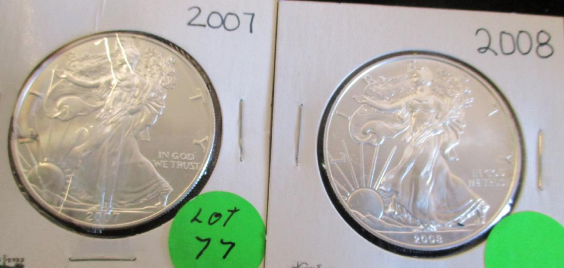 2PC Silver Eagles 1oz Silver 2007, 2008 (1 of 2)