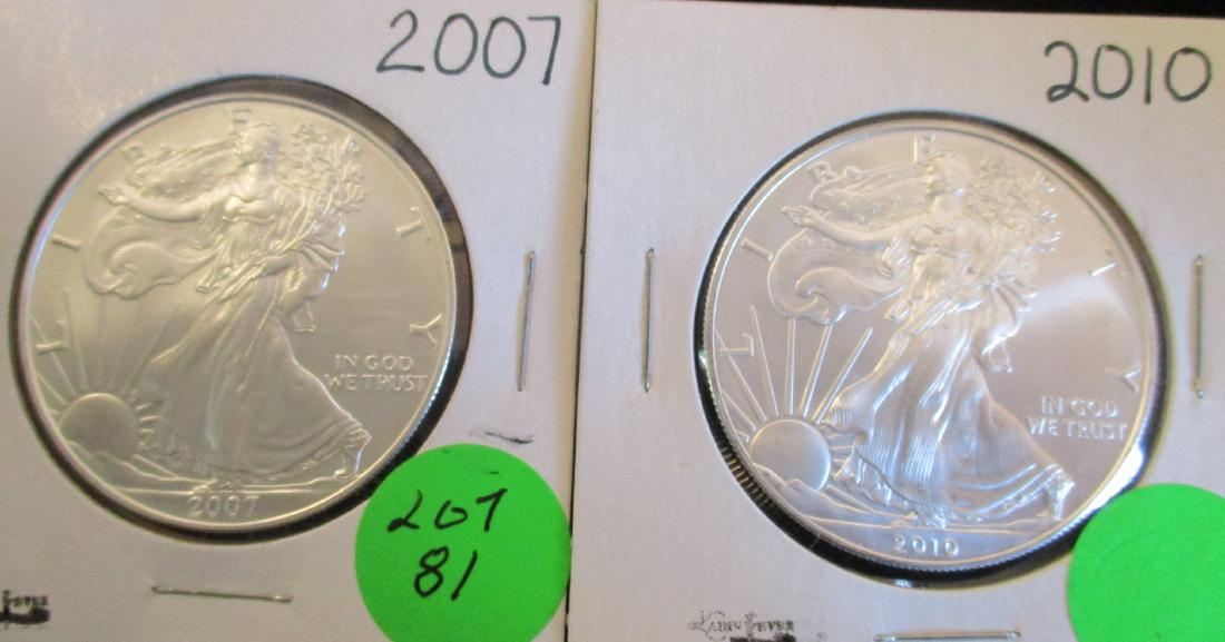 2PC Silver Eagles 1oz Silver 2007, 2010 (1 of 2)