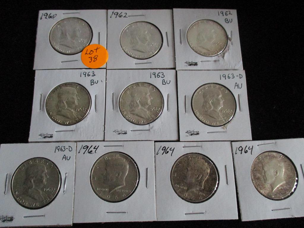 10PC Franklin & Kennedy Silver Half Dollars 1960-1964 (1 of 7)