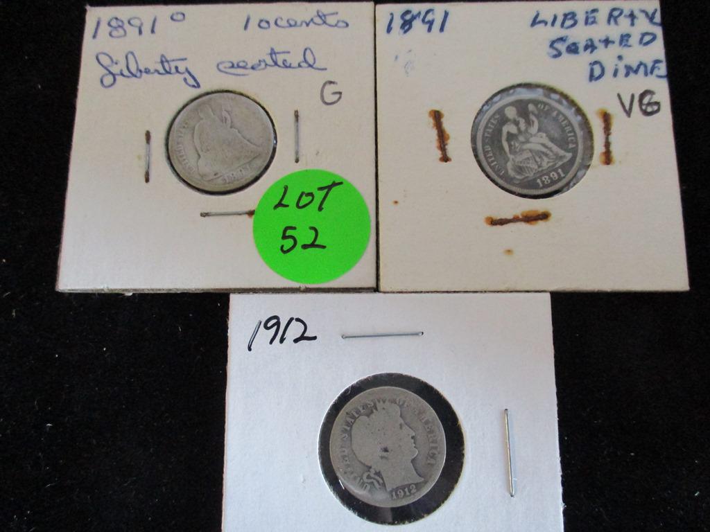 3PC 1891 Seated Dime, 1891o Seated Dime, 1912 Barber (1 of 5)