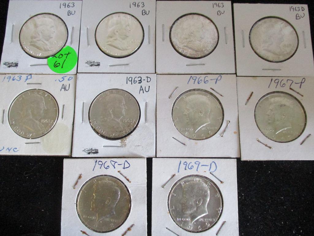 10PC Franklins 1963,  Kennedy Half Dollars 40% (1 of 7)