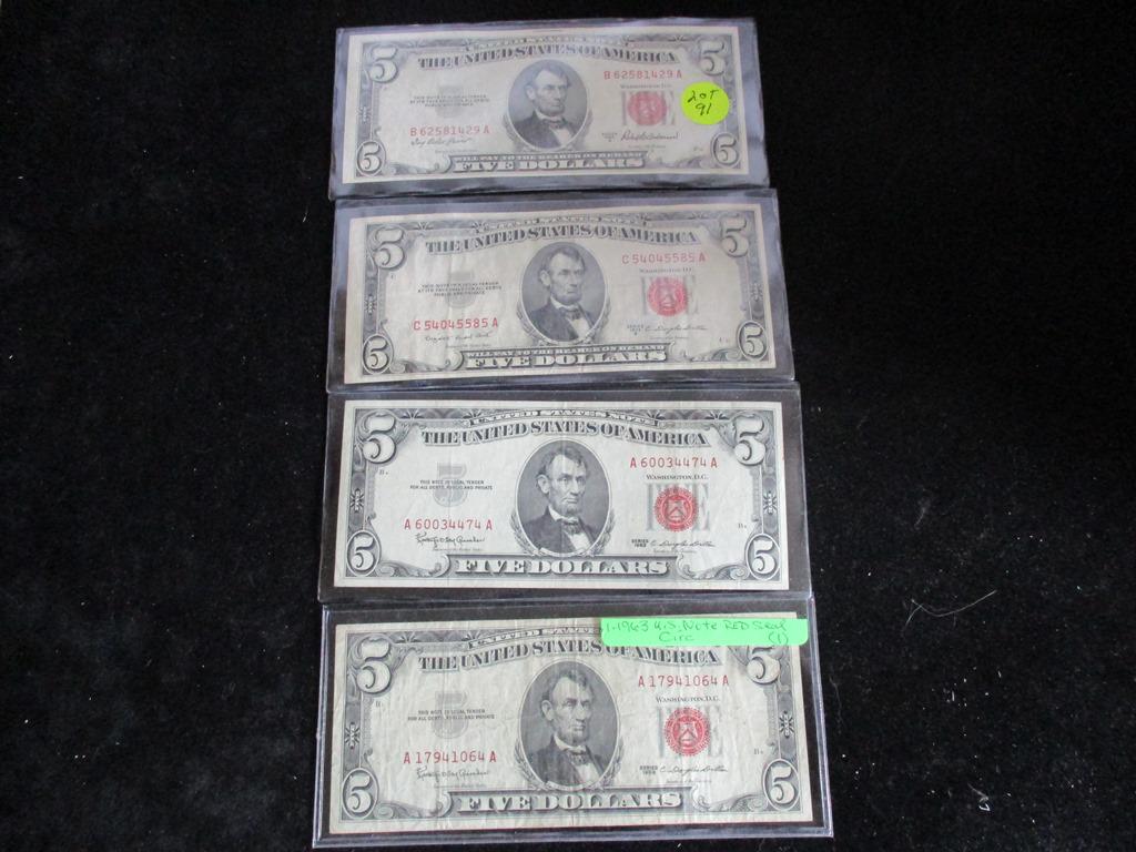 4PC 5 Dollar Red Seal Notes (2) 1953, (2)1963 (1 of 3)