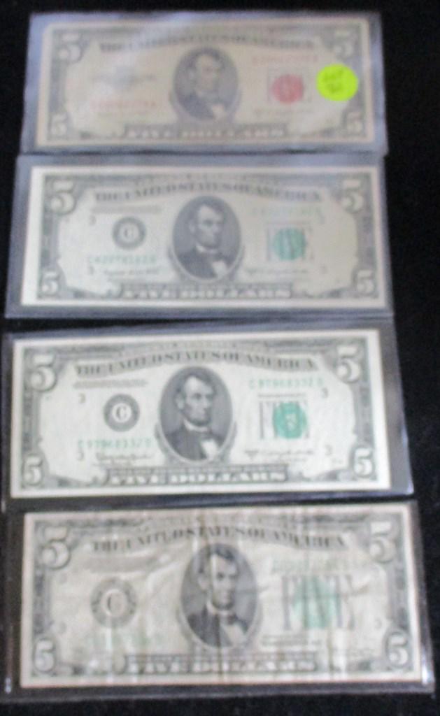 4PC 5 Dollar Notes 1934c, 1950d, 1950c, 1953b Red Seal (1 of 4)