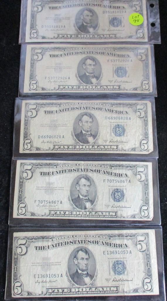 5PC 5 Dollar Silver Certificate Notes 1953s (1 of 5)