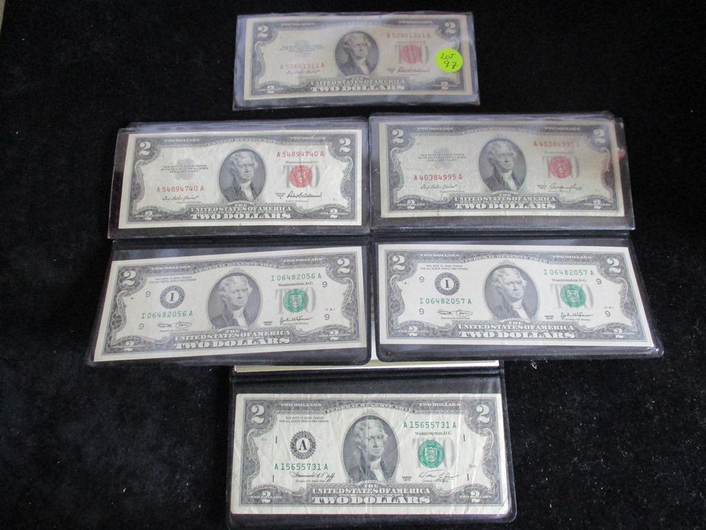 6PC 2 Dollar Notes (3)1953 Red Seal, (1) 1976, (2) 2003 (1 of 3)