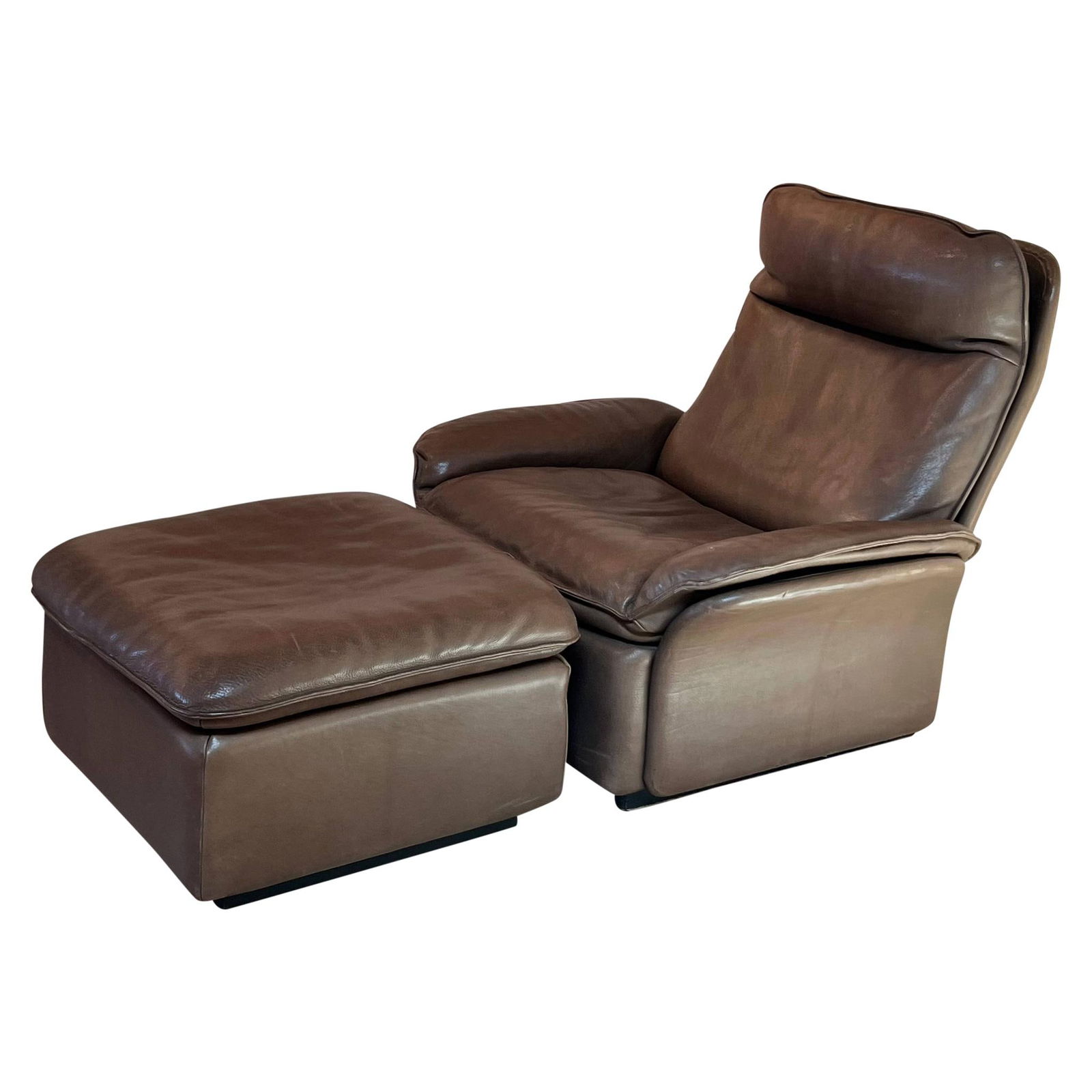 DS 49 Leather Reclining Chair and Ottoman by De Sede 1970's: Chair: 33h x 34w x 28d inches (seat height 14 inches) Ottoman: 15h x 24w x 24d inches