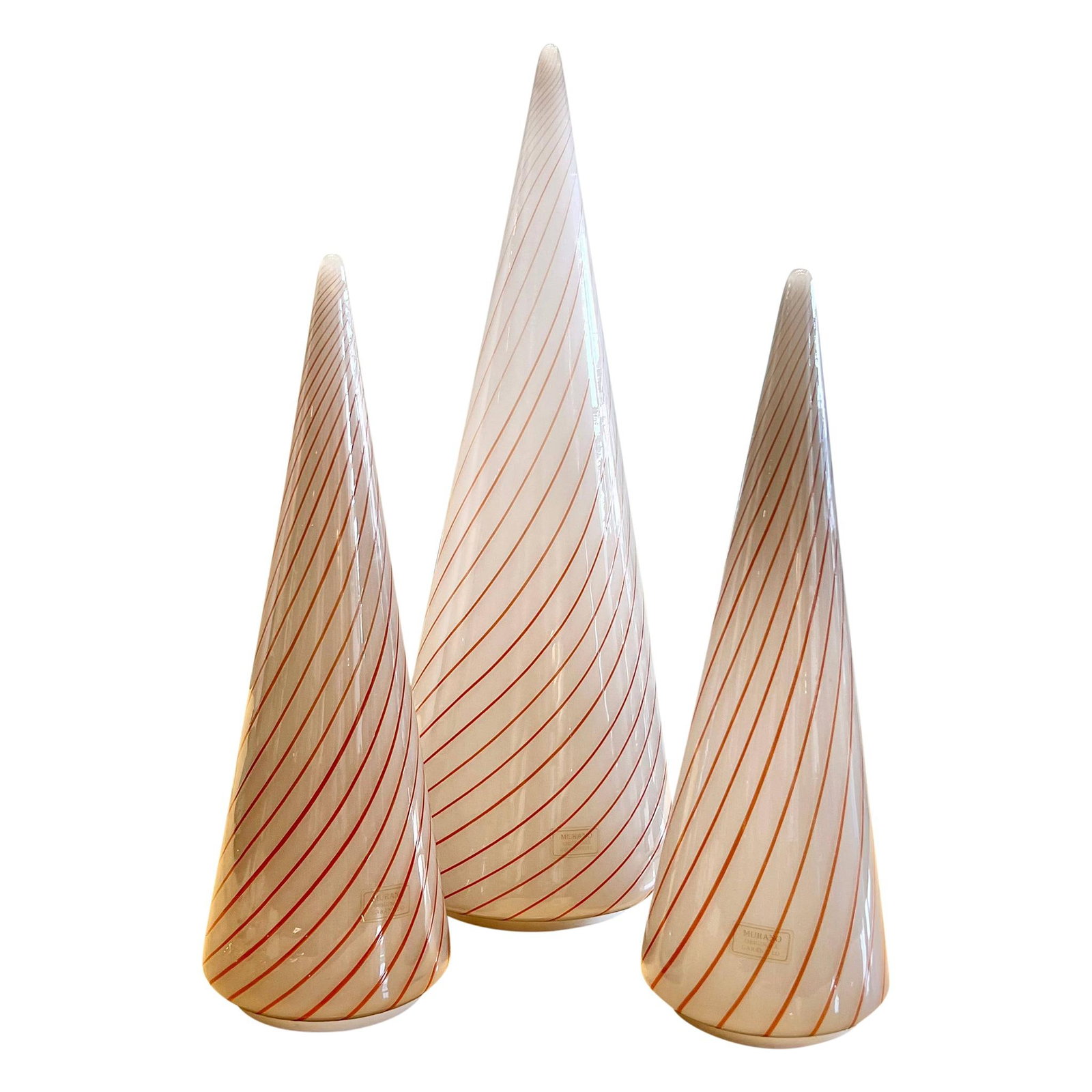 Trio of Murano Cone Lamps: Taller: 8 diameter x H21 inches Shorter: 5.5 diameter x H16 inches