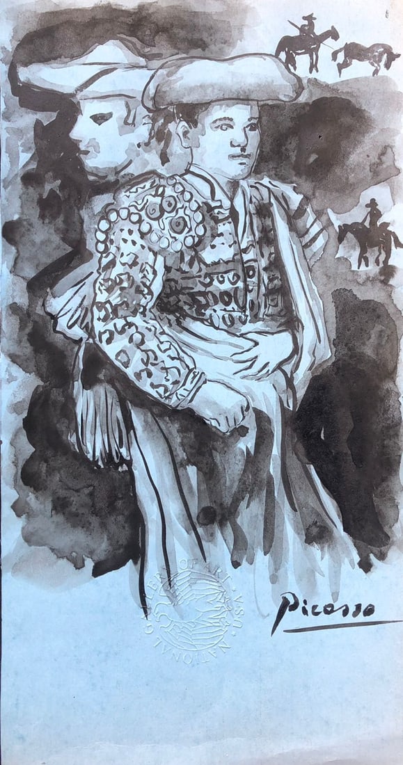 Pablo Picasso (Ink on Cardboard) 10''x5.5'' in the style of: In the style of Pablo Picasso (25 October 1881 - 8 April 1973) was a Spanish painter, sculptor, printmaker, ceramicist and theatre designer who spent most of his adult life in France. Regarded as one 