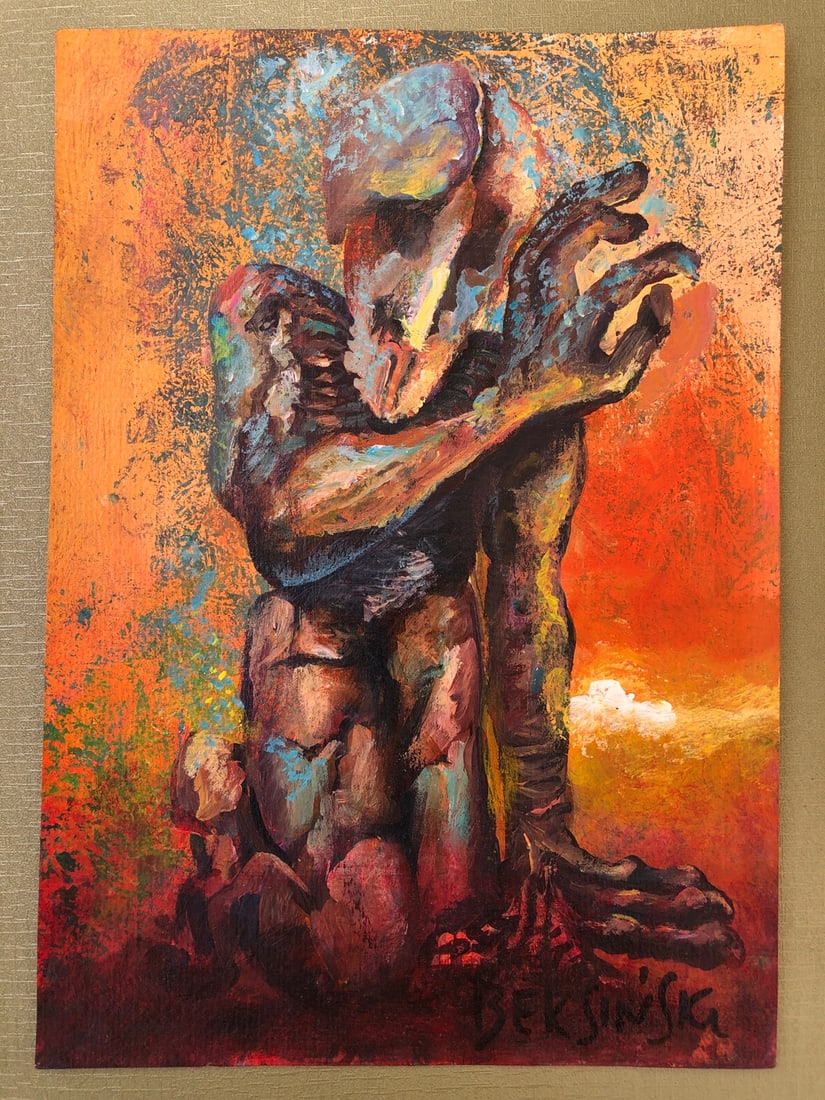 Zdzislaw Beksinski Polish (Mixed Media on Cardboard painting) 21.5cm x 28.5cm in the style of: In the style of Zdzislaw Beksinski (24 February 1929 - 21 February 2005) Beksinski appears in lower left.Technique: (Mixed Media on Paper. Measures: 21.5cm x 28.5cm. Was a Polish painter, photographer