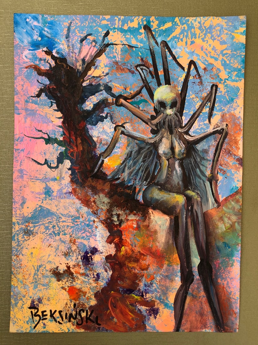 Zdzislaw Beksinski Polish (Mixed Media on Cardboard painting) 21.5cm x 28.5cm in the style of: In the style of Zdzislaw Beksinski (24 February 1929 - 21 February 2005) Beksinski appears in lower left.Technique: (Mixed Media on Paper. Measures: 21.5cm x 28.5cm. Was a Polish painter, photographer