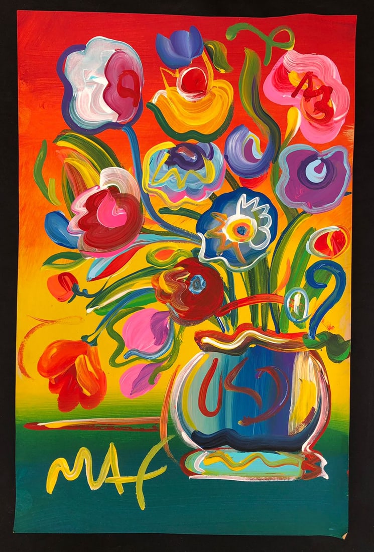 Peter Max (Acrylic on paper painting) 13.5''x8.5'' inches in the style of: In the style of Peter Max (born Peter Max Finkelstein, October 19, 1937) is an American artist of German-Jewish origin, known for using bright colors in his work. Works by Max are associated with the