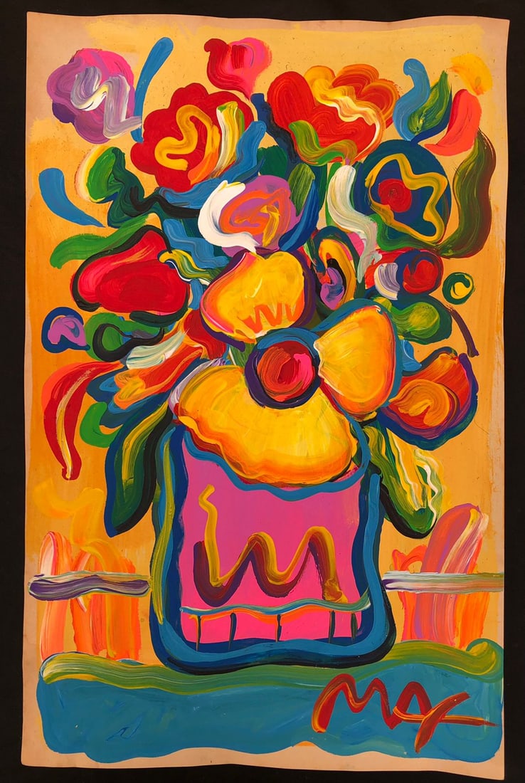 Peter Max (Acrylic on paper painting) 13.5''x8.5'' inches in the style of: In the style of Peter Max (born Peter Max Finkelstein, October 19, 1937) is an American artist of German-Jewish origin, known for using bright colors in his work. Works by Max are associated with the